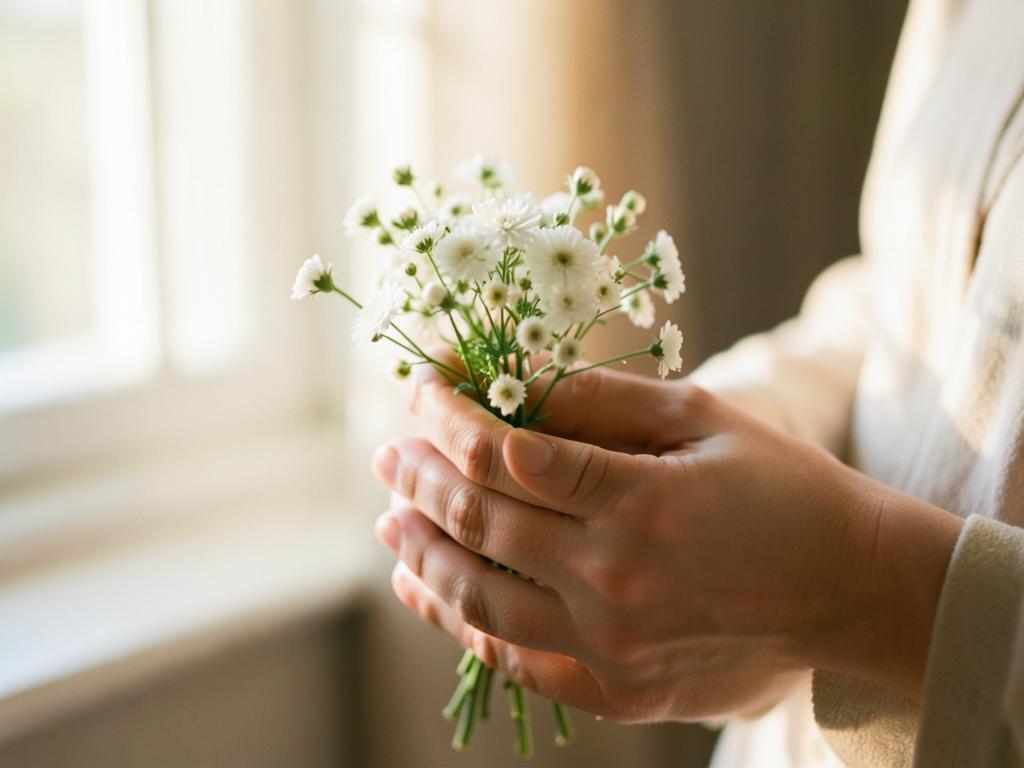 Hands gently holding a small bouquet of white flowers
